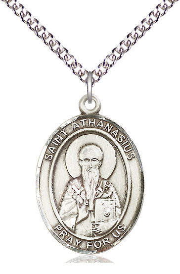 Sterling Silver Saint Athanasius Pendant on a 24 inch Sterling Silver Heavy Curb chain