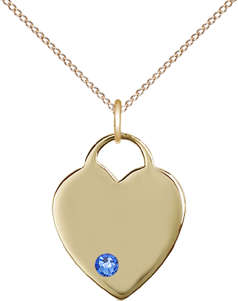14kt Gold Filled Heart Pendant with a 3mm Sapphire Swarovski stone on a 18 inch Gold Filled Light Curb chain