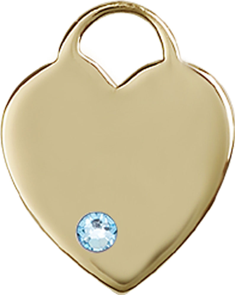 14kt Gold Heart Medal with a 3mm Aqua Swarovski stone