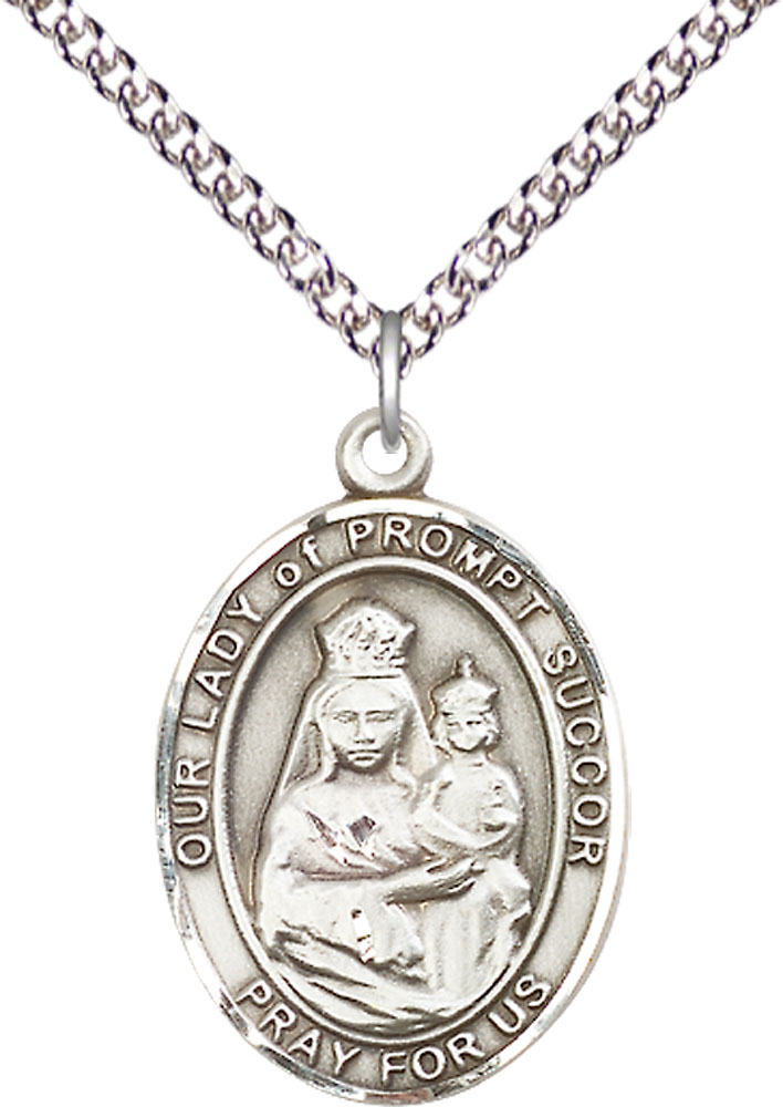 Sterling Silver Our Lady of Prompt Succor Pendant on a 24 inch Sterling Silver Heavy Curb chain