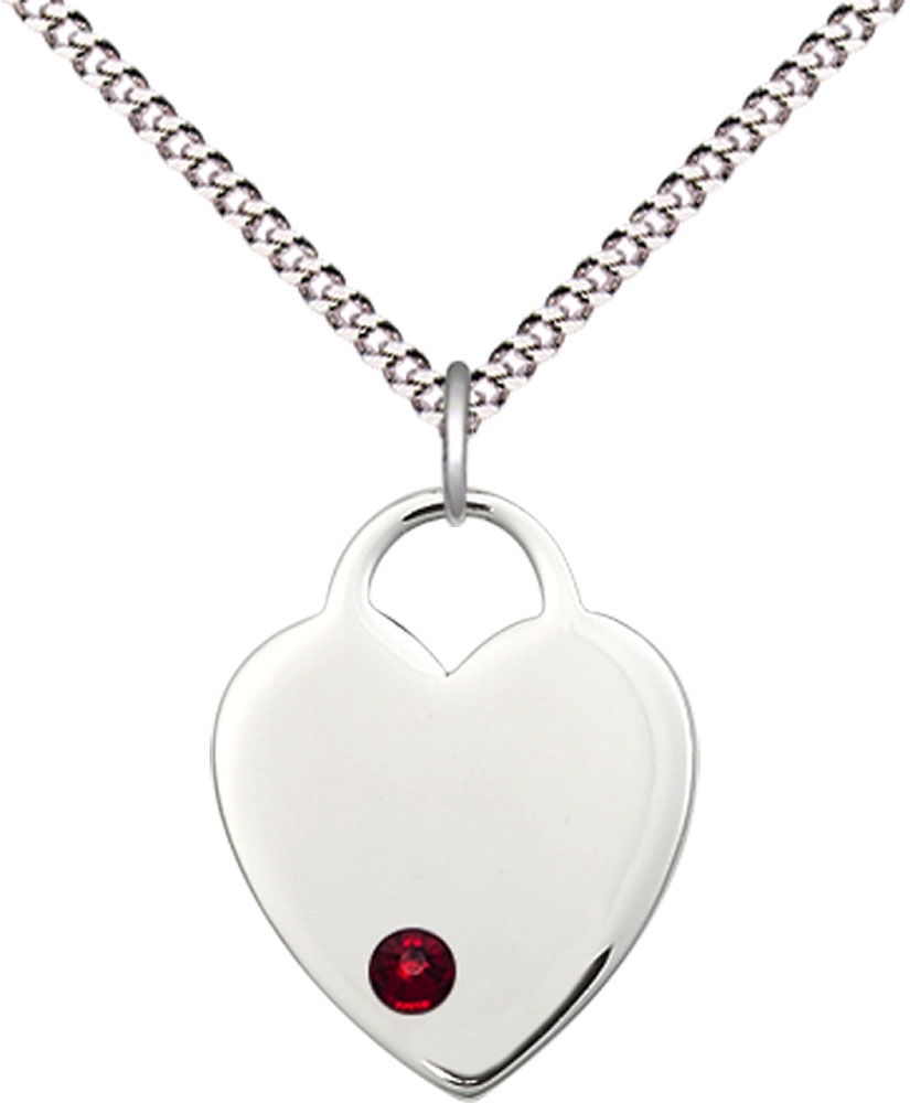 Sterling Silver Heart Pendant with a 3mm Garnet Swarovski stone on a 18 inch Light Rhodium Light Curb chain