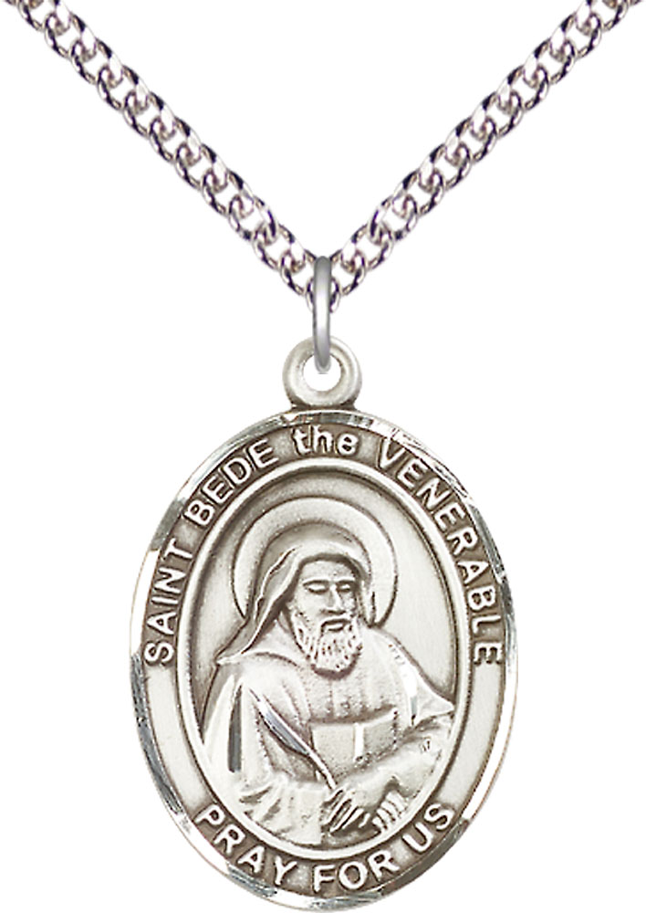 Sterling Silver Saint Bede the Venerable Pendant on a 24 inch Sterling Silver Heavy Curb chain
