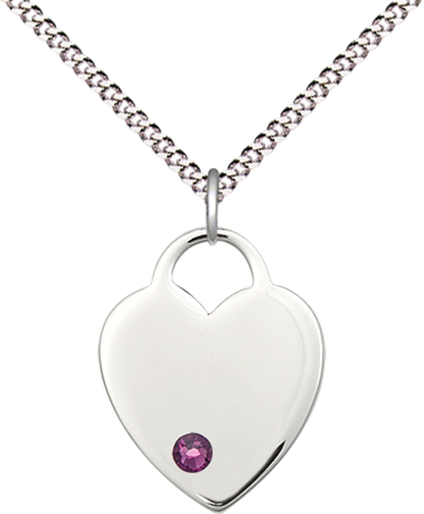 Sterling Silver Heart Pendant with a 3mm Amethyst Swarovski stone on a 18 inch Light Rhodium Light Curb chain