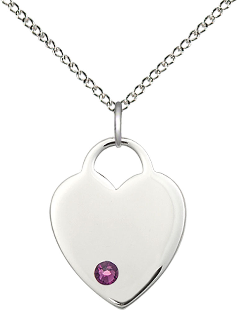 Sterling Silver Heart Pendant with a 3mm Amethyst Swarovski stone on a 18 inch Sterling Silver Light Curb chain