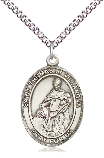 Sterling Silver Saint Thomas of Villanova Pendant on a 24 inch Sterling Silver Heavy Curb chain