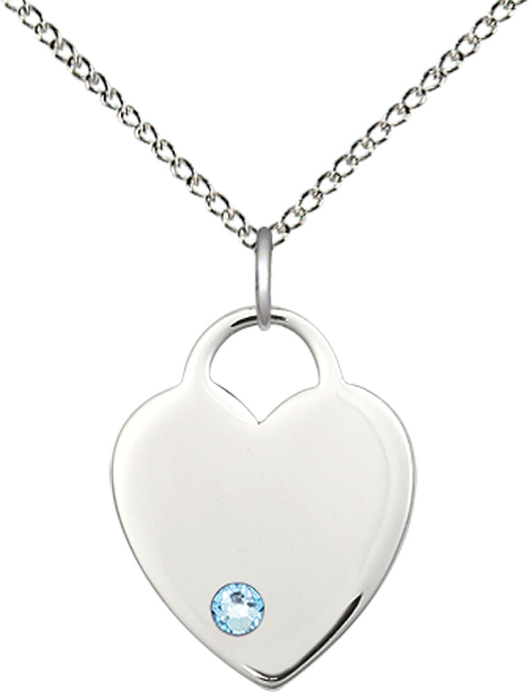 Sterling Silver Heart Pendant with a 3mm Aqua Swarovski stone on a 18 inch Sterling Silver Light Curb chain