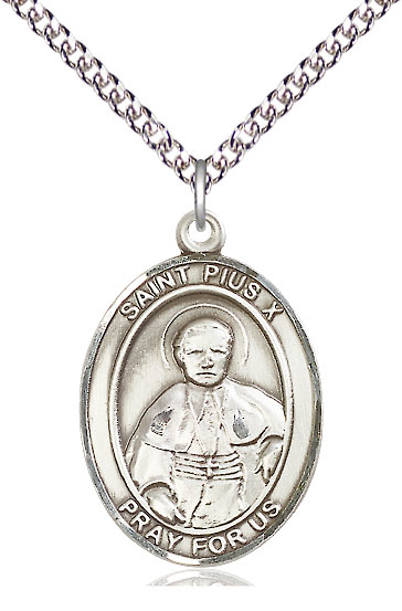 Sterling Silver Saint Pius X Pendant on a 24 inch Sterling Silver Heavy Curb chain
