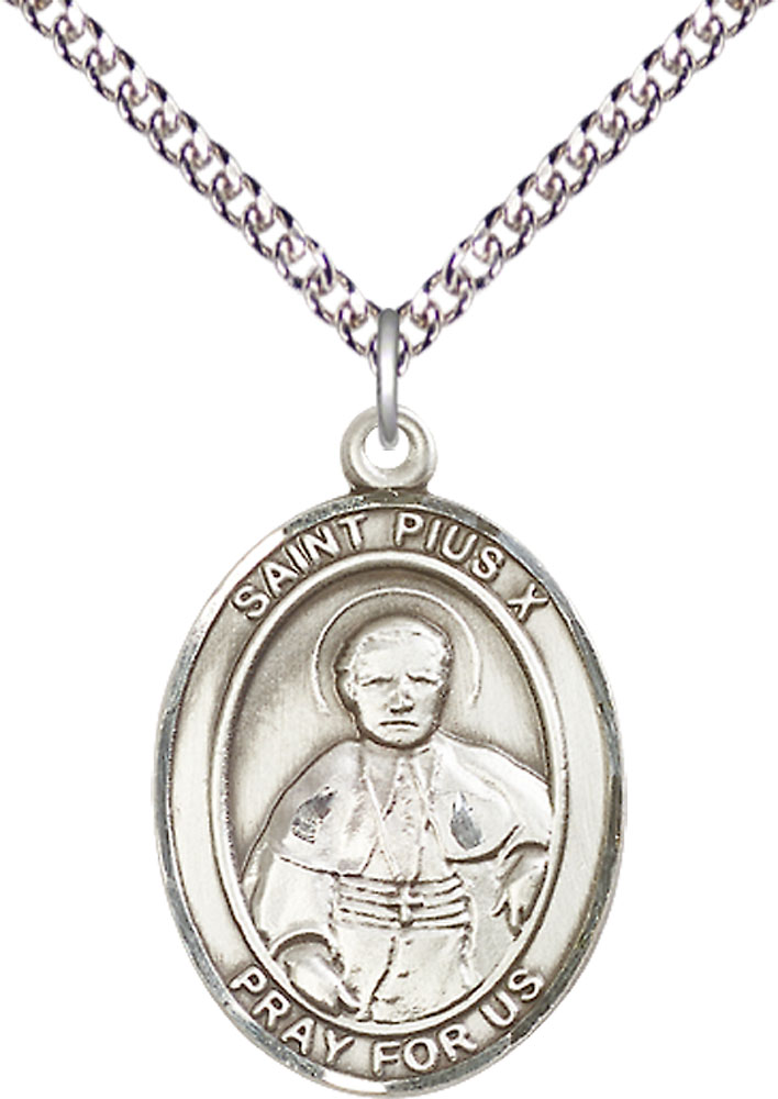 Sterling Silver Saint Pius X Pendant on a 24 inch Sterling Silver Heavy Curb chain