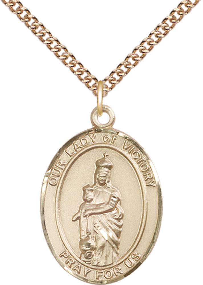 14kt Gold Filled Our Lady of Victory Pendant on a 24 inch Gold Filled Heavy Curb chain