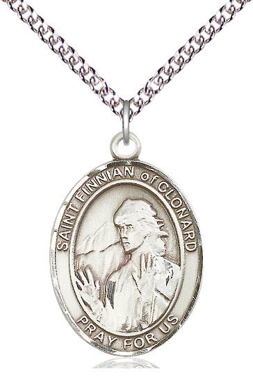 Sterling Silver Saint Finnian of Clonard Pendant on a 24 inch Sterling Silver Heavy Curb chain