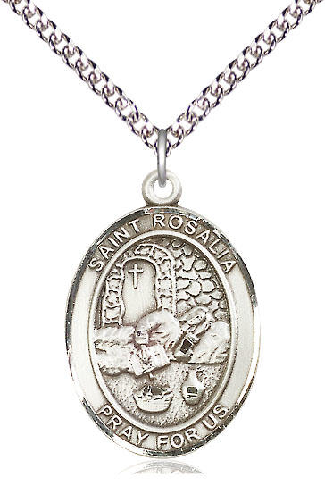 Sterling Silver Saint Rosalia Pendant on a 24 inch Sterling Silver Heavy Curb chain