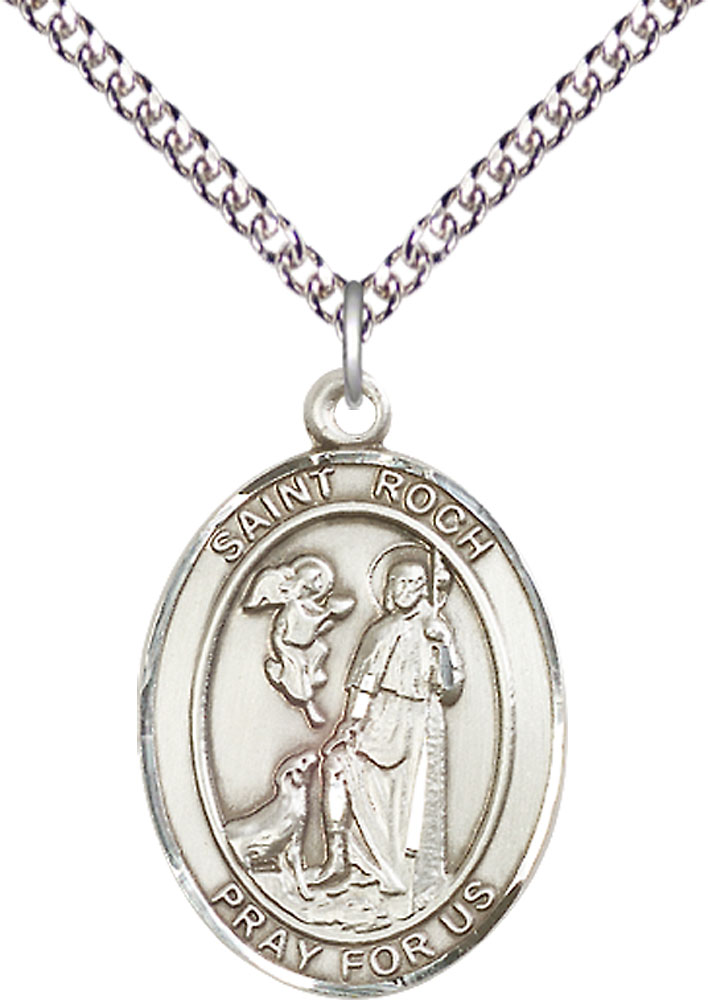 Sterling Silver Saint Roch Pendant on a 24 inch Sterling Silver Heavy Curb chain