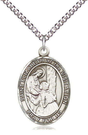 Sterling Silver Saint Elizabeth of the Visitation Pendant on a 24 inch Sterling Silver Heavy Curb chain