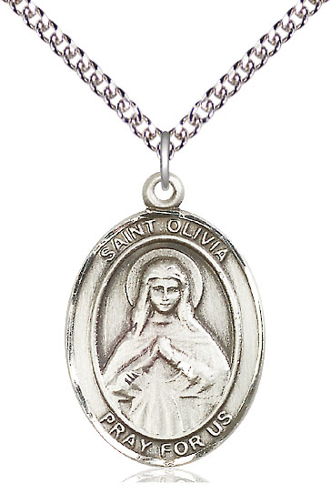 Sterling Silver Saint Olivia Pendant on a 24 inch Sterling Silver Heavy Curb chain