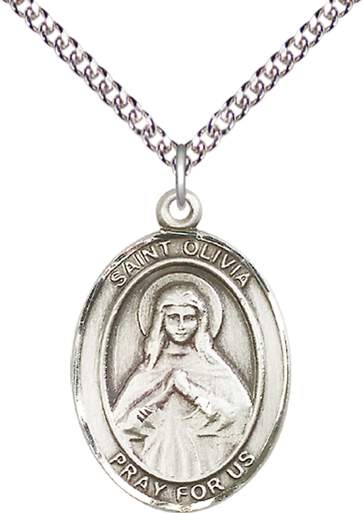 Sterling Silver Saint Olivia Pendant on a 24 inch Sterling Silver Heavy Curb chain