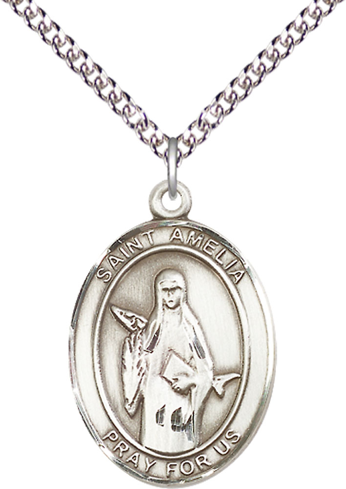 Sterling Silver Saint Amelia Pendant on a 24 inch Sterling Silver Heavy Curb chain