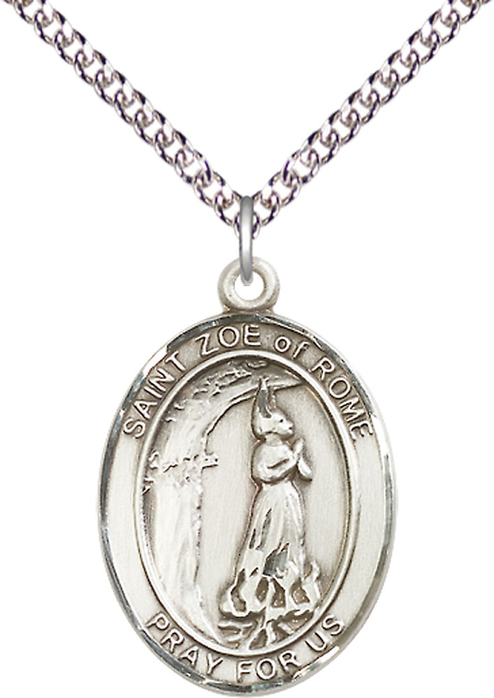 Sterling Silver Saint Zoe of Rome Pendant on a 24 inch Sterling Silver Heavy Curb chain