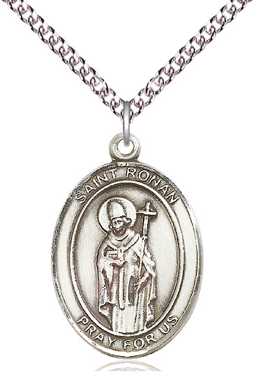 Sterling Silver Saint Ronan Pendant on a 24 inch Sterling Silver Heavy Curb chain