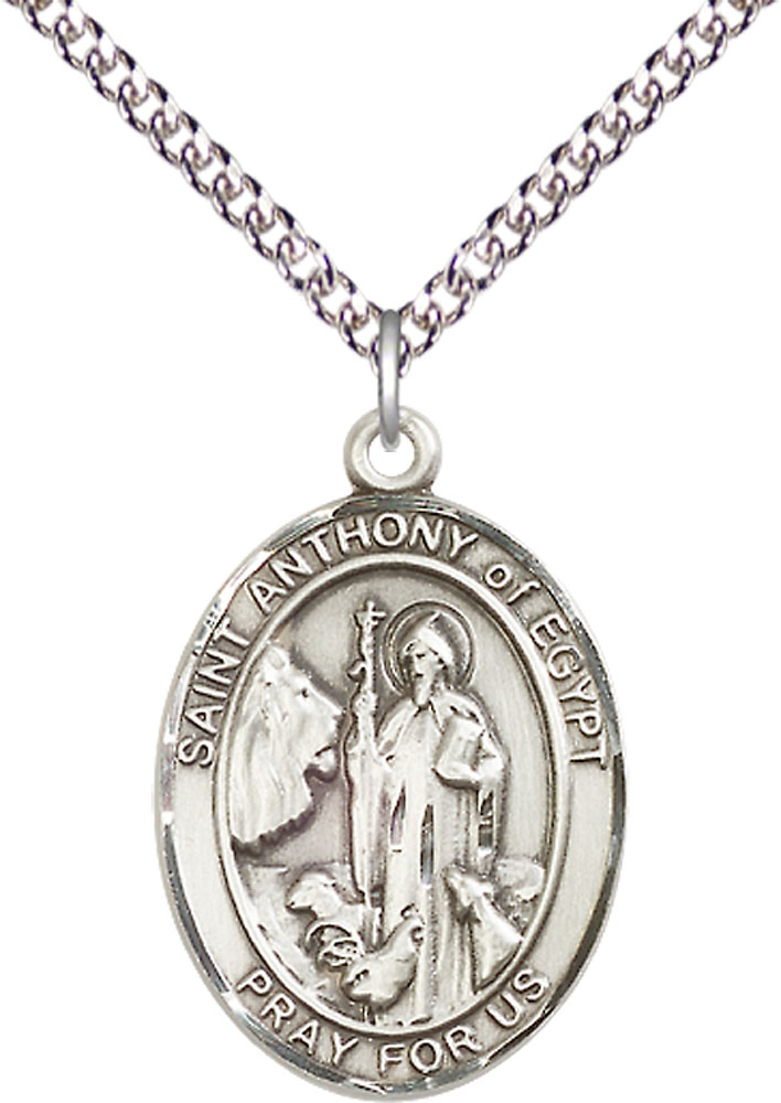 Sterling Silver Saint Anthony of Egypt Pendant on a 24 inch Sterling Silver Heavy Curb chain