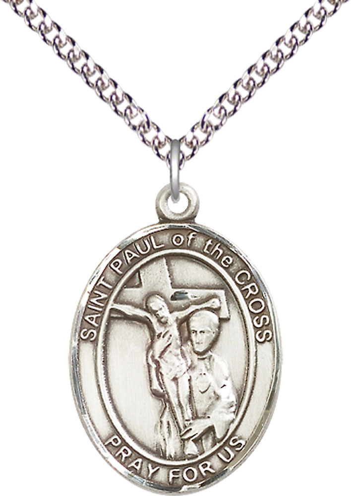 Sterling Silver Saint Paul of the Cross Pendant on a 24 inch Sterling Silver Heavy Curb chain