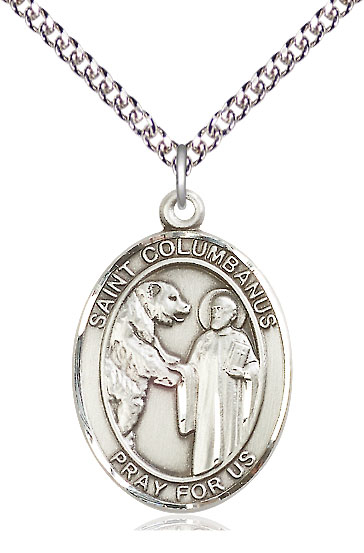 Sterling Silver Saint Columbanus Pendant on a 24 inch Sterling Silver Heavy Curb chain
