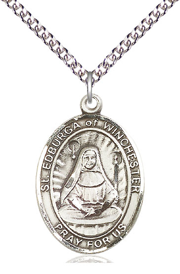 Sterling Silver Saint Edburga of Winchester Pendant on a 24 inch Sterling Silver Heavy Curb chain