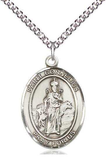 Sterling Silver Saint Cornelius Pendant on a 24 inch Sterling Silver Heavy Curb chain