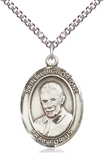 Sterling Silver Saint Luigi Orione Pendant on a 24 inch Sterling Silver Heavy Curb chain
