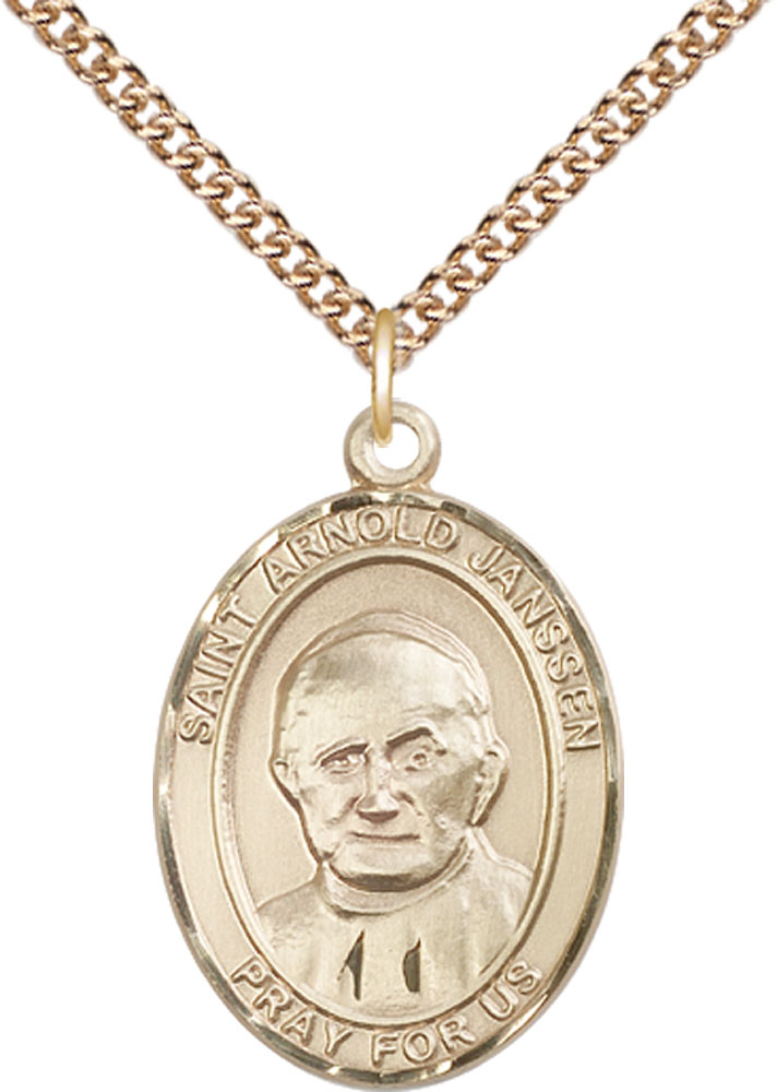 14kt Gold Filled Saint Arnold Janssen Pendant on a 24 inch Gold Filled Heavy Curb chain