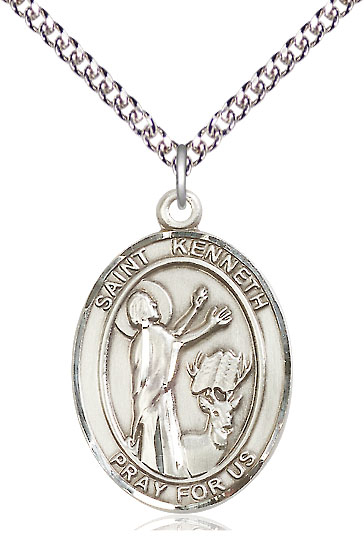 Sterling Silver Saint Kenneth Pendant on a 24 inch Sterling Silver Heavy Curb chain