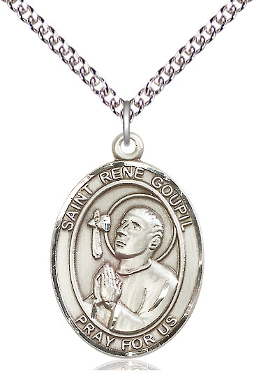 Sterling Silver Saint Rene Goupil Pendant on a 24 inch Sterling Silver Heavy Curb chain
