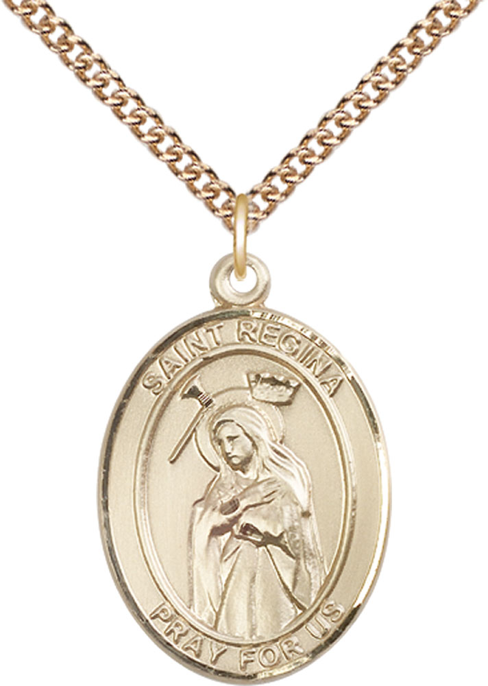 14kt Gold Filled Saint Regina Pendant on a 24 inch Gold Filled Heavy Curb chain
