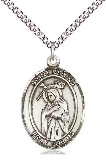 Sterling Silver Saint Regina Pendant on a 24 inch Sterling Silver Heavy Curb chain