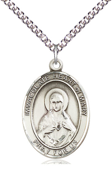 Sterling Silver Immaculate Heart of Mary Pendant on a 24 inch Sterling Silver Heavy Curb chain
