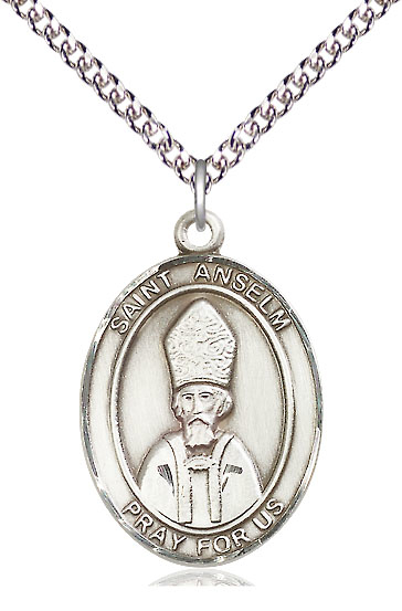 Sterling Silver Saint Anselm of Canterbury Pendant on a 24 inch Sterling Silver Heavy Curb chain