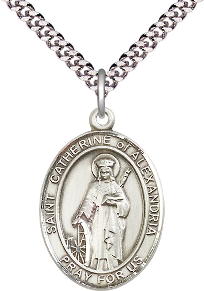 Sterling Silver Saint Catherine of Alexandria Pendant on a 24 inch Light Rhodium Heavy Curb chain