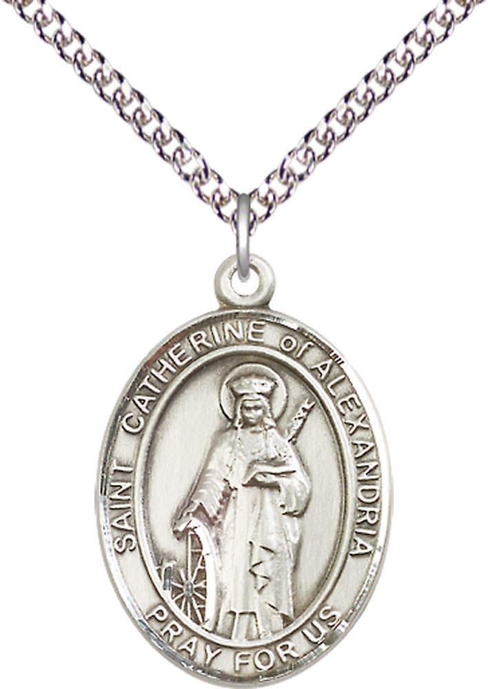 Sterling Silver Saint Catherine of Alexandria Pendant on a 24 inch Sterling Silver Heavy Curb chain