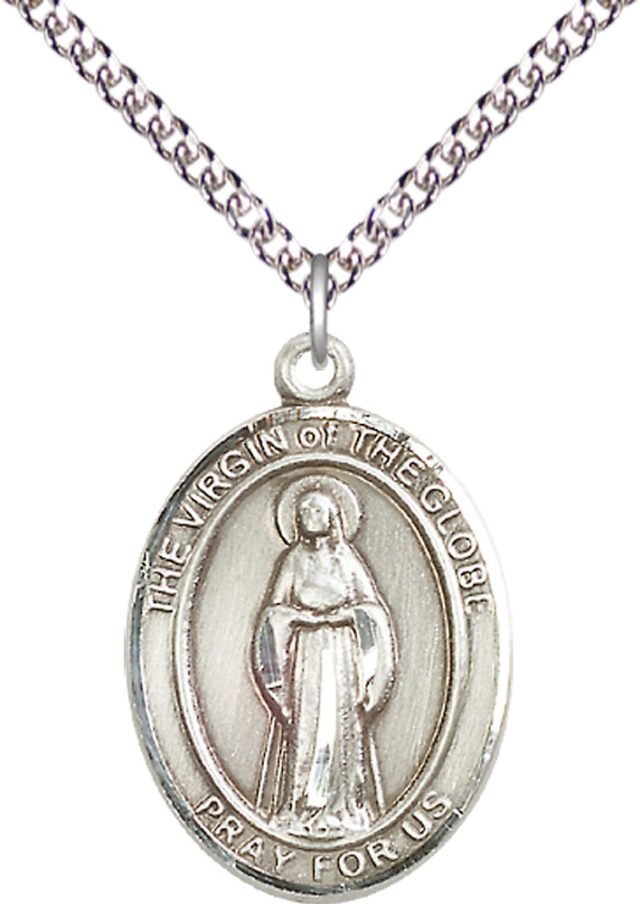 Sterling Silver Virgin of the Globe Pendant on a 24 inch Sterling Silver Heavy Curb chain
