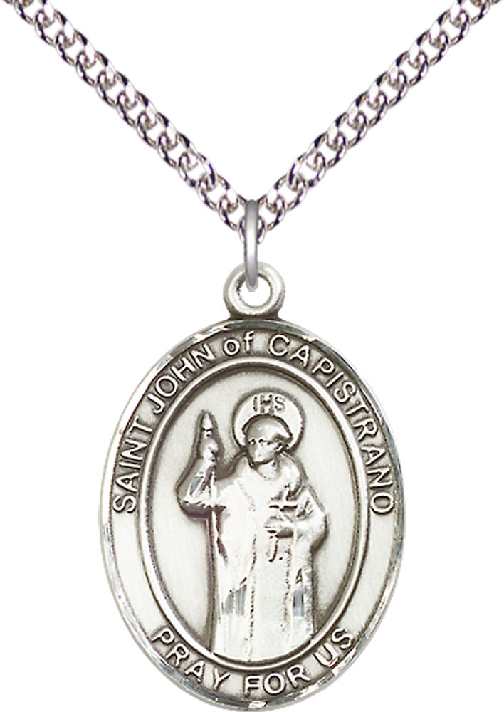 Sterling Silver Saint John of Capistrano Pendant on a 24 inch Sterling Silver Heavy Curb chain