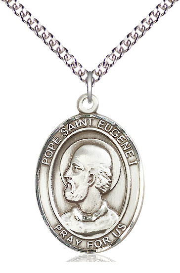 Sterling Silver Pope St Eugene I Pendant on a 24 inch Sterling Silver Heavy Curb chain
