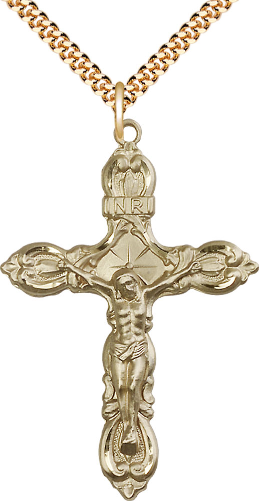 14kt Gold Filled Crucifix Pendant on a 24 inch Gold Plate Heavy Curb chain