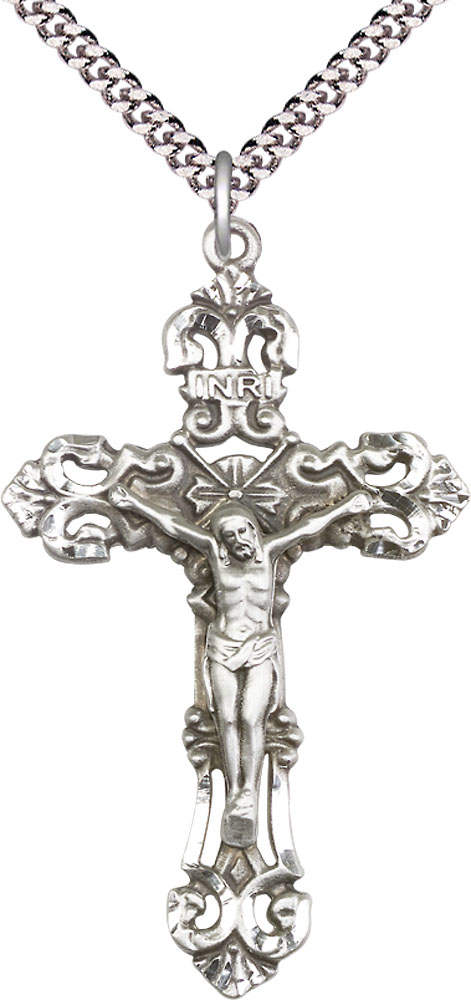 Sterling Silver Crucifix Pendant on a 24 inch Light Rhodium Heavy Curb chain