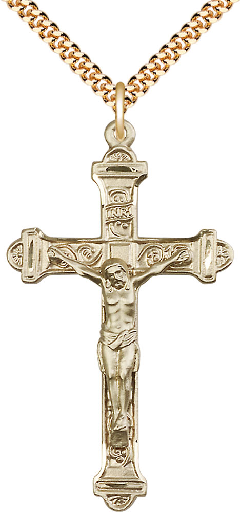 14kt Gold Filled Crucifix Pendant on a 24 inch Gold Plate Heavy Curb chain