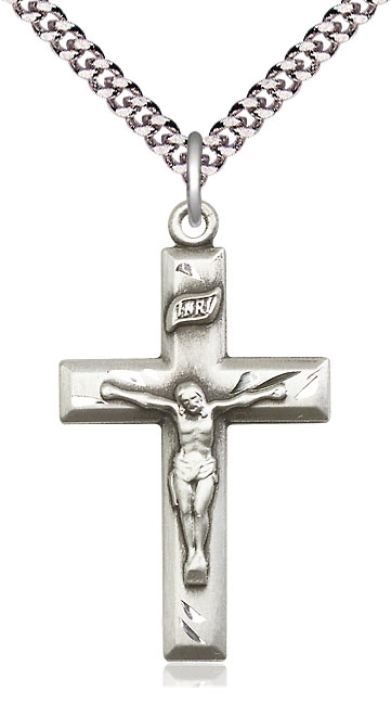 Sterling Silver Crucifix Pendant on a 24 inch Light Rhodium Heavy Curb chain