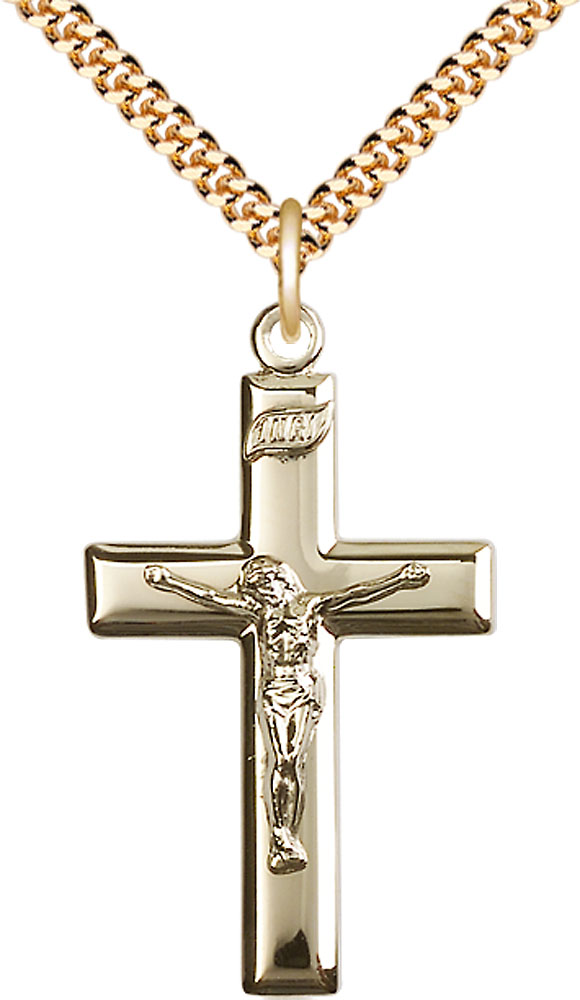 14kt Gold Filled Crucifix Pendant on a 24 inch Gold Plate Heavy Curb chain