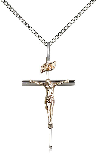 Two-Tone GF/SS Crucifix Pendant on a 18 inch Sterling Silver Light Curb chain