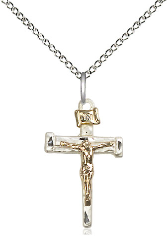 Two-Tone GF/SS Nail Crucifix Pendant on a 18 inch Sterling Silver Light Curb chain