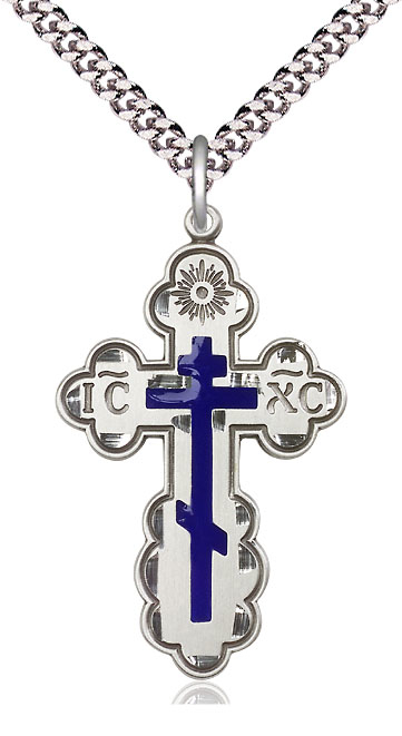 Sterling Silver Saint Olga Cross Pendant on a 24 inch Light Rhodium Heavy Curb chain