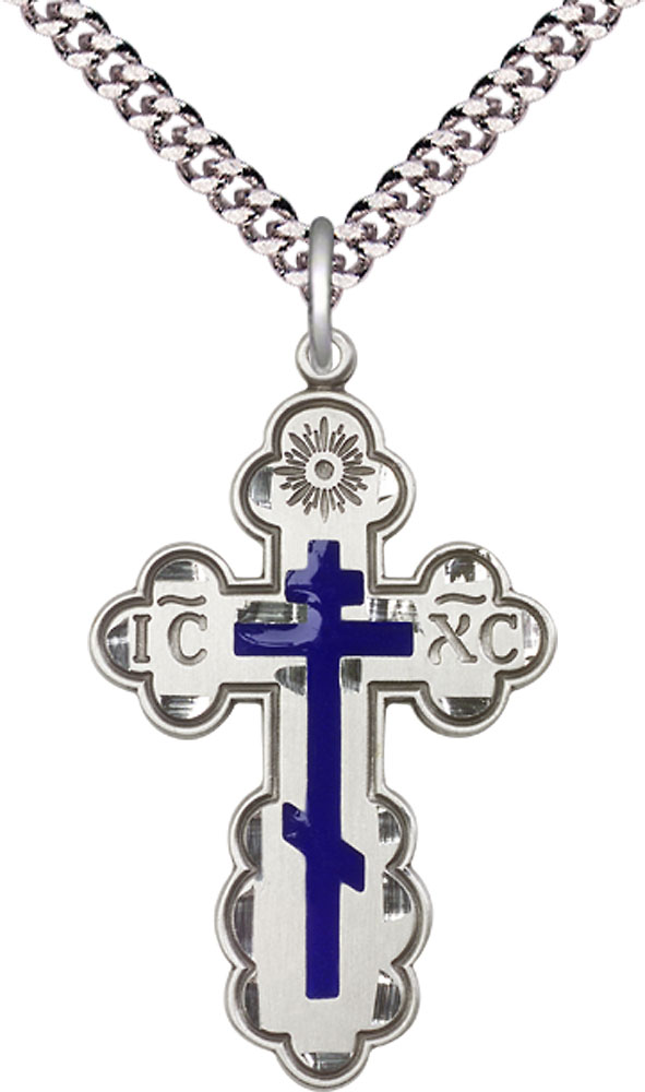 Sterling Silver Saint Olga Cross Pendant on a 24 inch Light Rhodium Heavy Curb chain