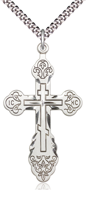 Sterling Silver Vladimir Cross Pendant on a 24 inch Light Rhodium Heavy Curb chain